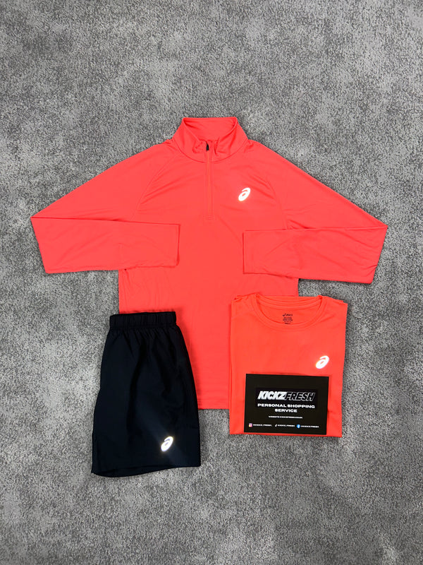 Asics 3 Piece Quarter Zip Coral Pink Mens Set